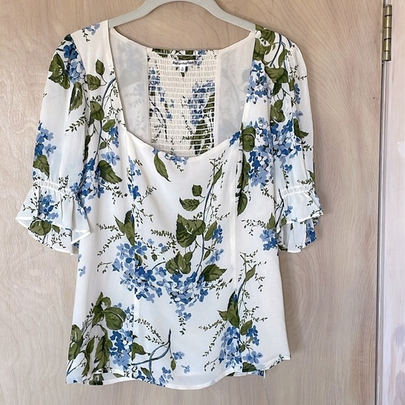 Reformation Tops - Reformation Constance Top Blue White Floral Puff Sleeve Blouse Size 12